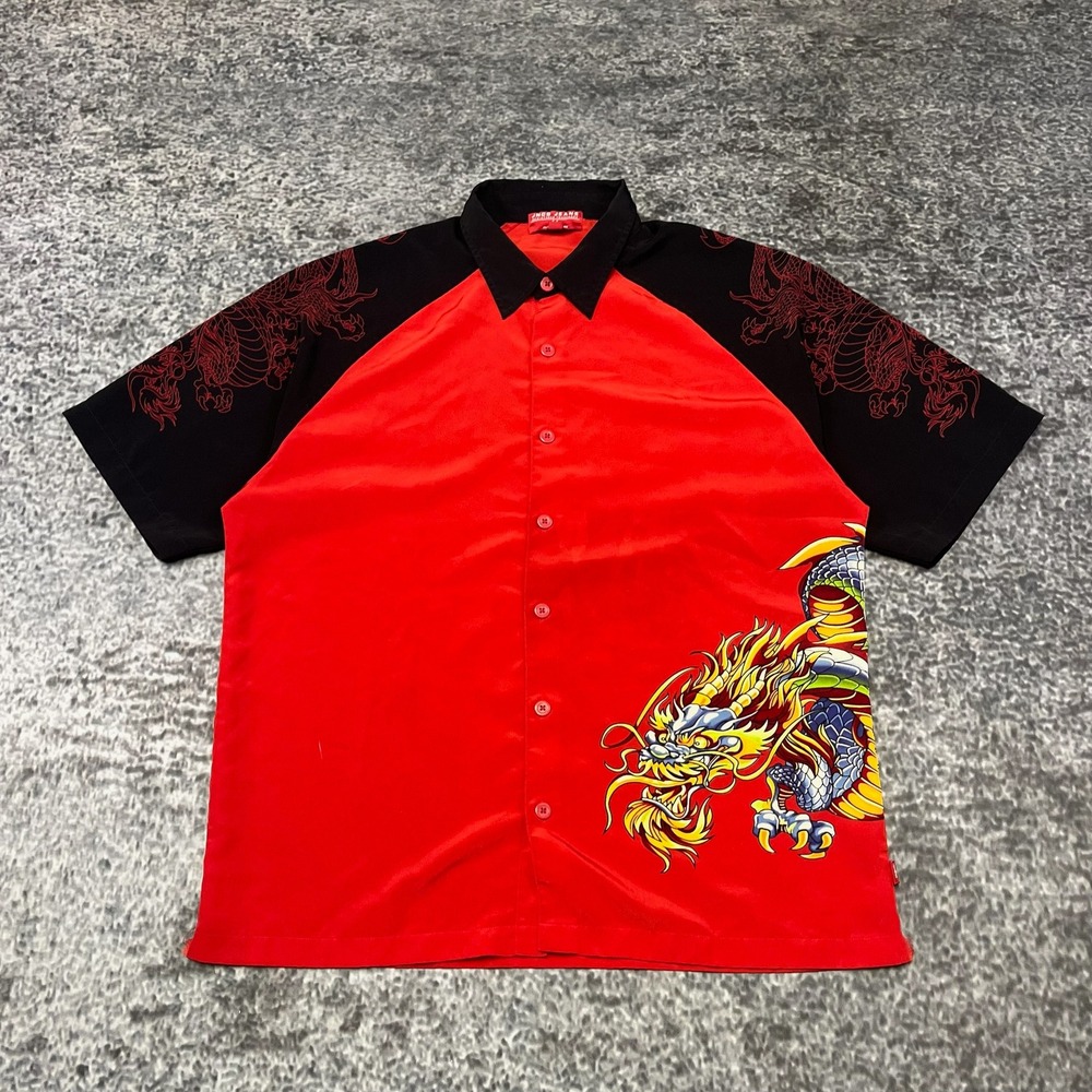 VTG JNCO Jeans Dragon Shirt Button Down Short Sleeve Mens XL Red Black 90s Y2K